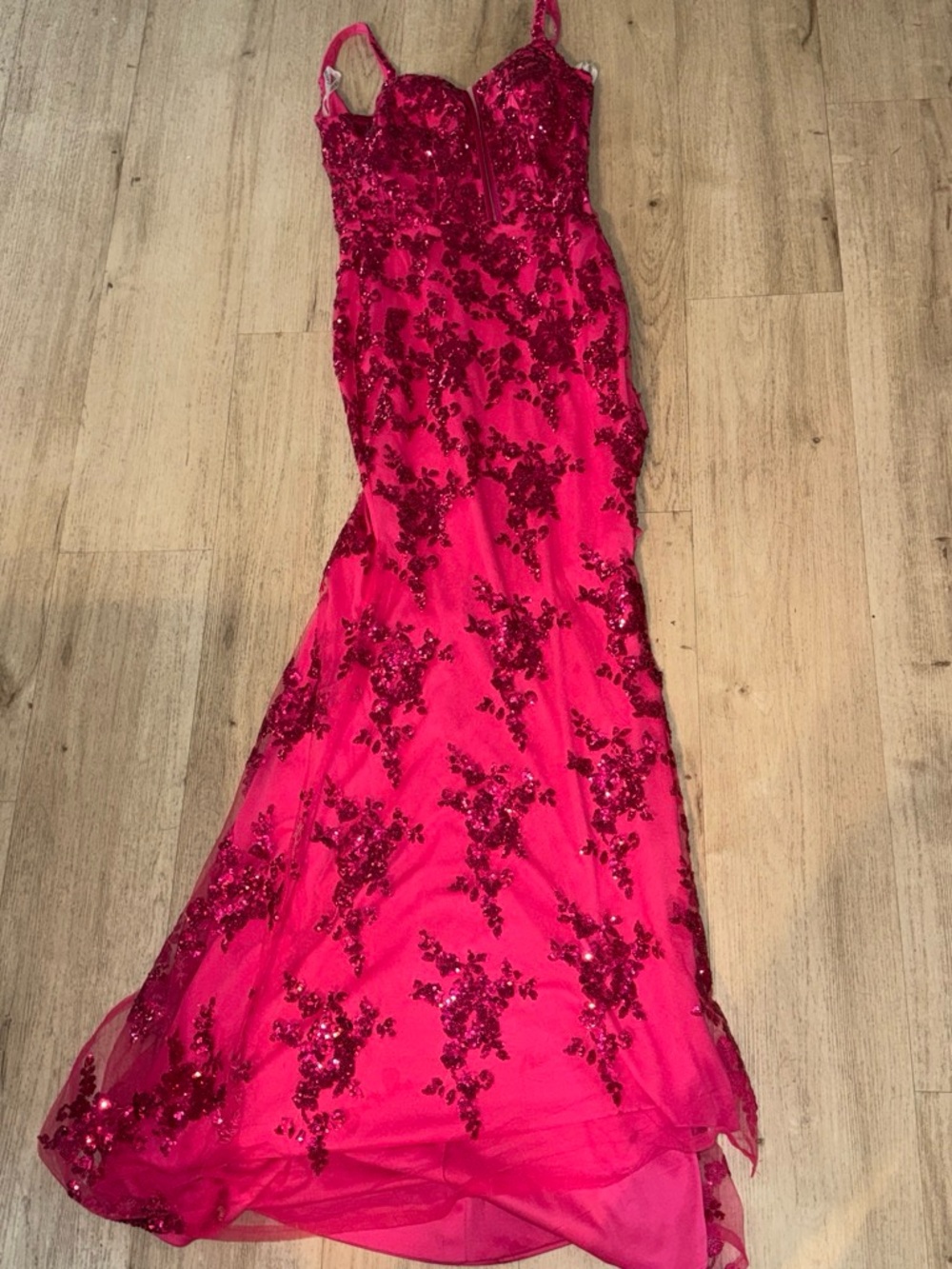 Hot Pink Sequin Appliqué Evening Gown with Sweetheart Neckline